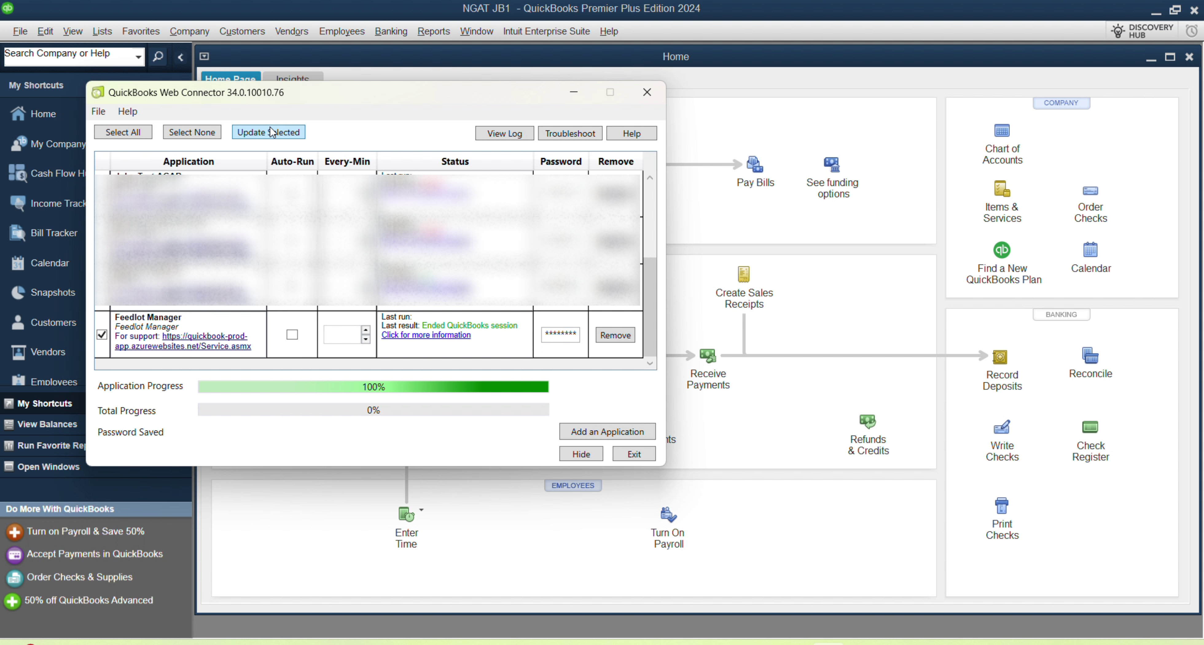 Web Connector with application checked and Update Selected button