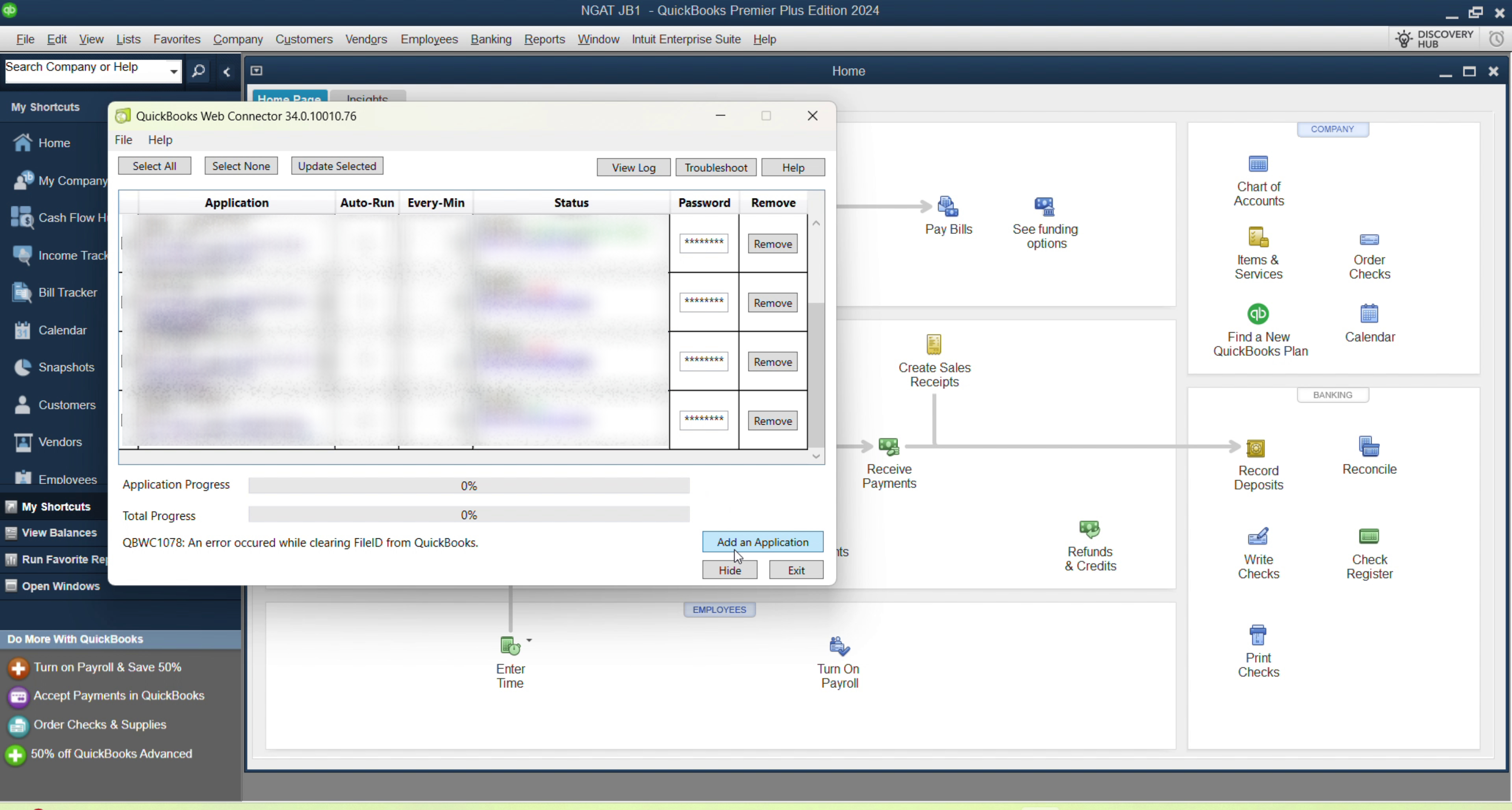 QuickBooks Web Connector window with Add an Application button