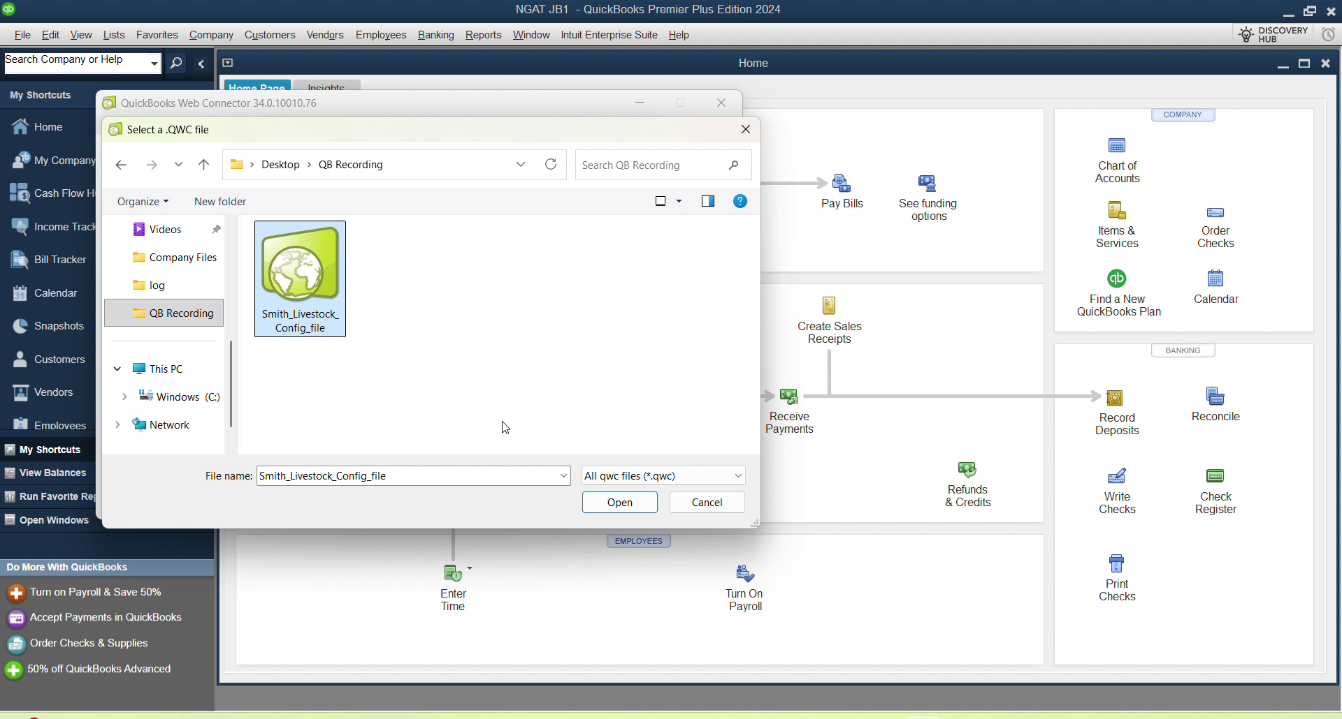 File selection dialog with Feedlot Manager configuration file selected
